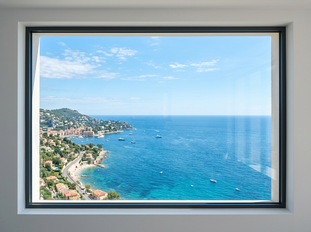 Vue panoramique sur la mer Méditerranée à travers une fenêtre équipée du film Lumière Adaptative